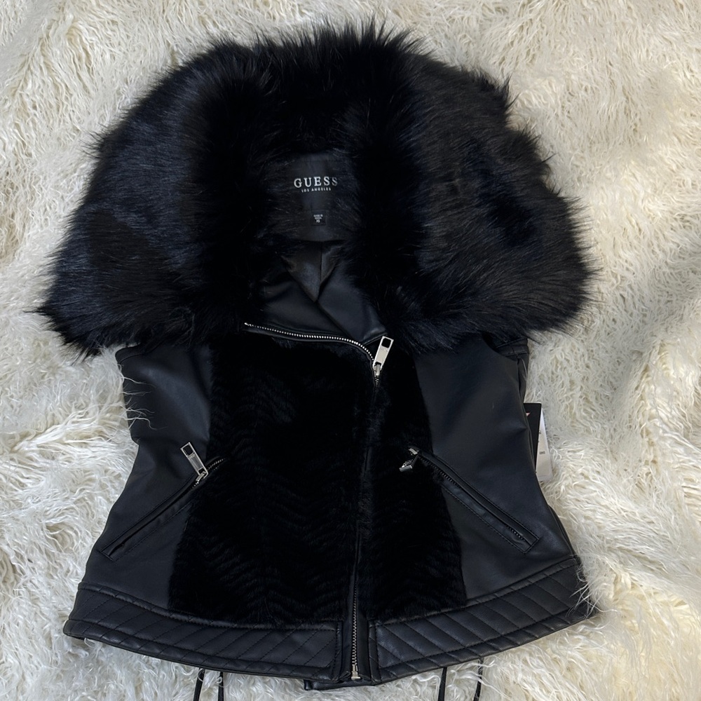 GUESS Women's Black Leather Jacket with Faux Fur Collar